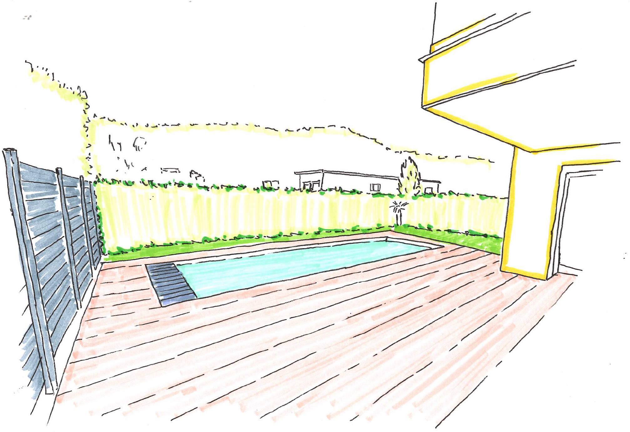 Handskizze Pool & Holzdeck – Projekt Diepflingen