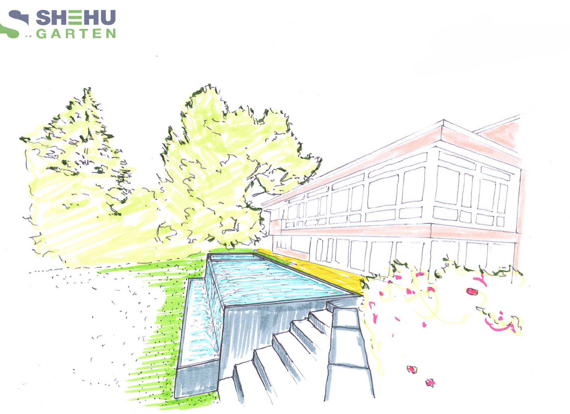 Grundriss mit Pool, Rasen und Sichtschutz