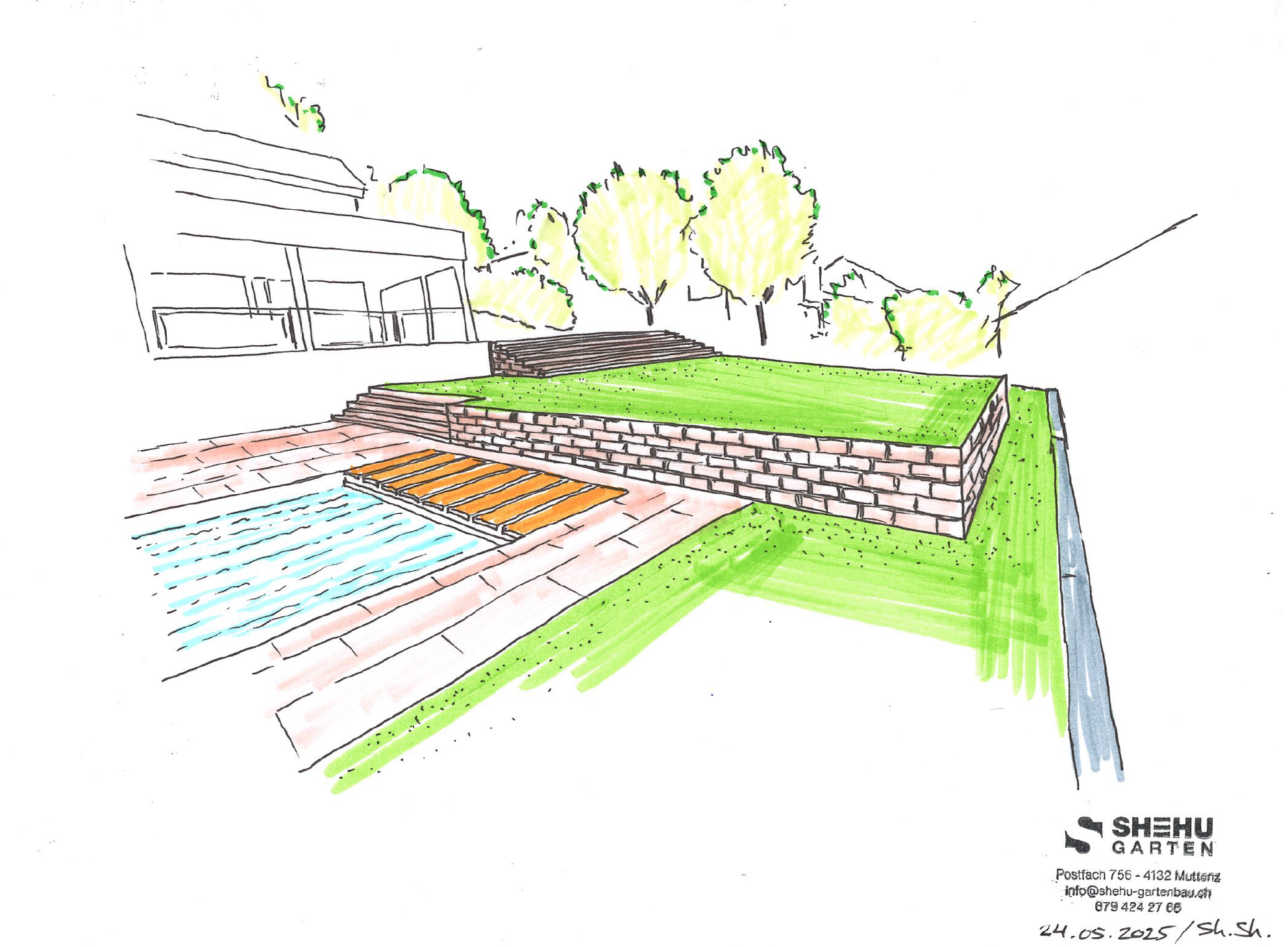 Farbige Handskizze Poolanlage mit Mauer und Terrasse