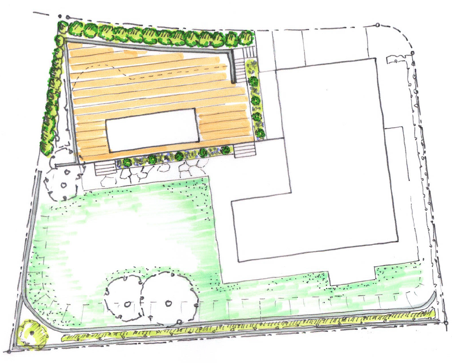 Gartenplan mit Grossterrasse, Rasenfläche und Bepflanzung